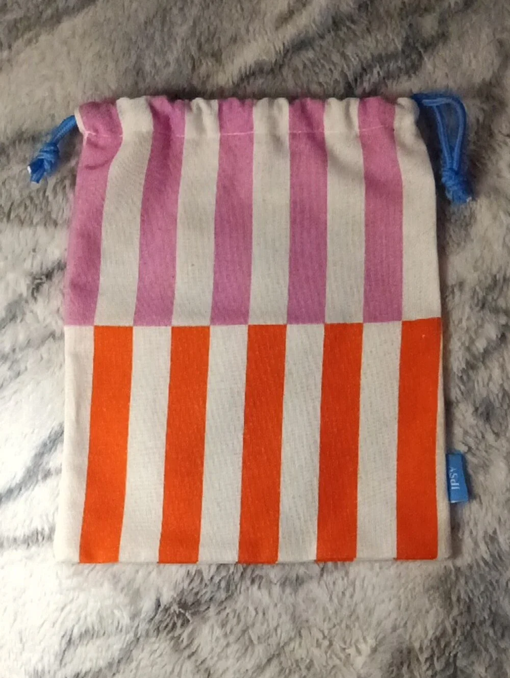 ipsy Pink, Orange & White Striped Drawstring Pouch with Blue Cord